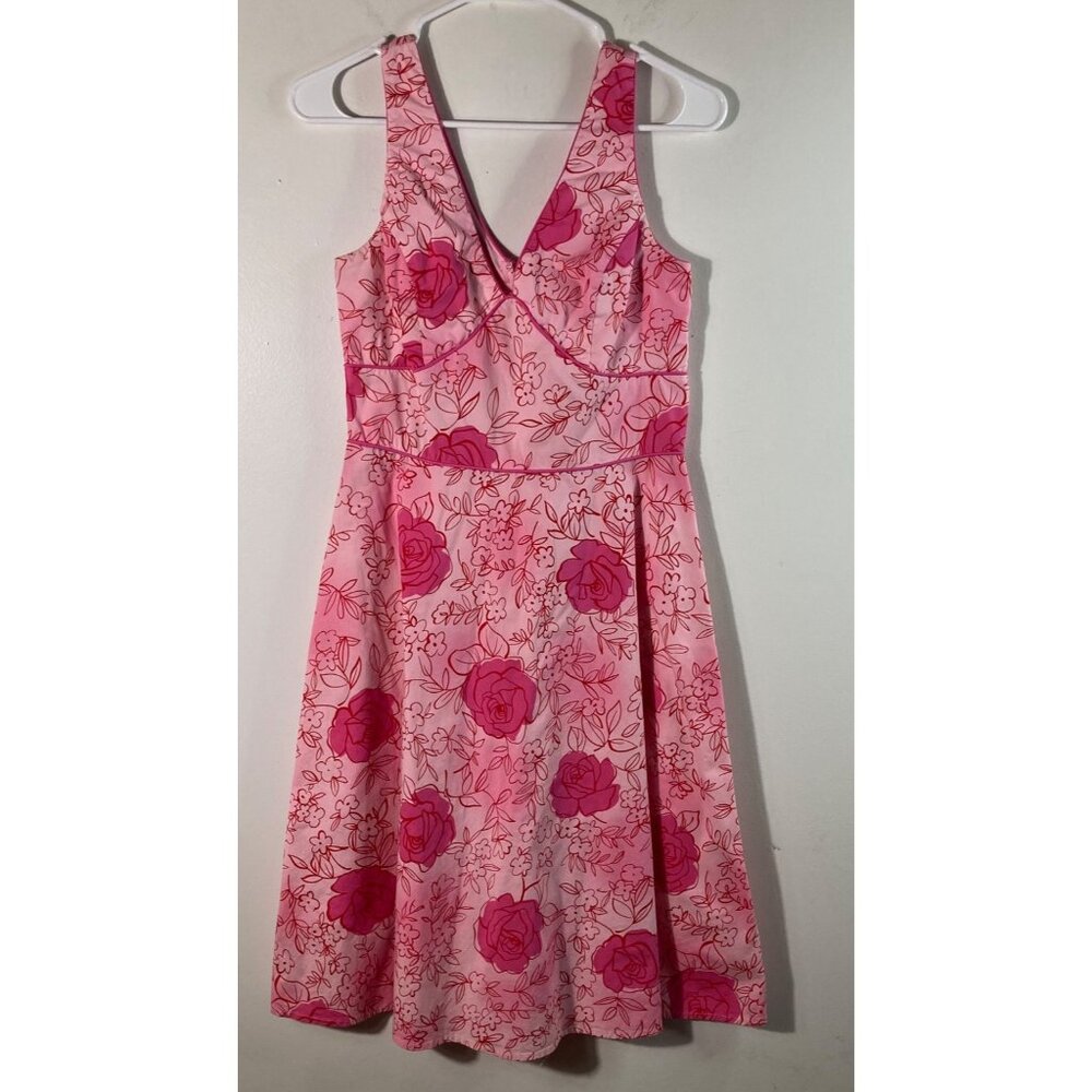 Womens Vintage New York & Company V Neck Baby Doll Dress Roses Pink‎ 6